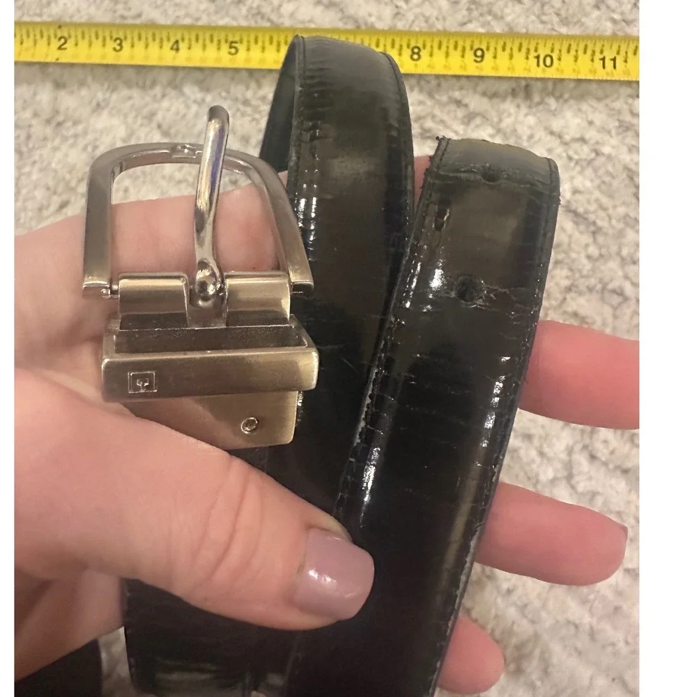 Pierre Cardin Reversible Black Croc Lizard Embossed Leather Belt Silver Buckle